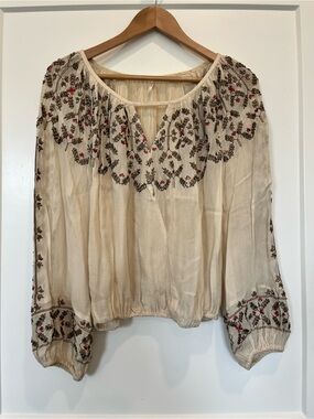 Free People Bohemian Beaded Embroidered Boho Cottagecore Peasant Pirate Blouse